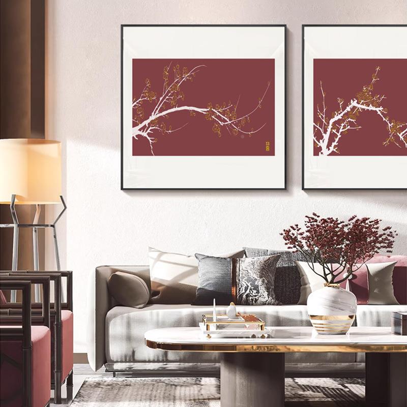 新中式现代客厅装MEW画梅花沙发玄关色喜庆挂画宿店民铺饰卡纸壁