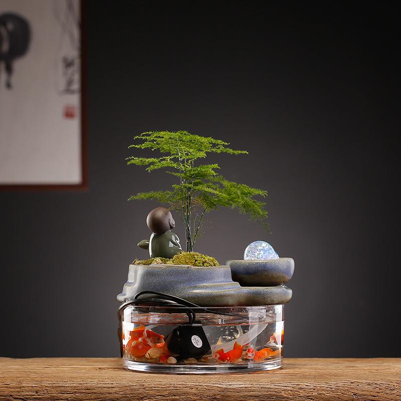 中观式家时来公运转流水玻璃鱼缸小55504摆件创意用办室桌面绿植