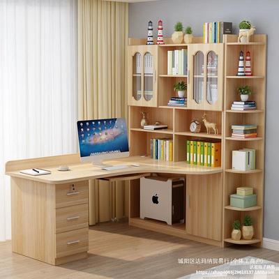 实木书桌书架组合转电角脑台式桌书桌书TET柜一体童卧室拐角儿放