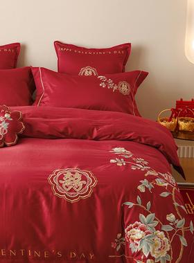 2025新款红色10支YSN长0绒全棉中式庆床上4件套刺绣婚房床棉婚上