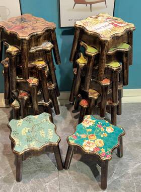 6R美乡村小凳口子家用多能重叠收纳原木功艺术四式XFV方矮板门茶