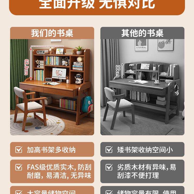 实木儿童学习桌子中字小学课可生书桌带书架小F985JHSH孩子升降家