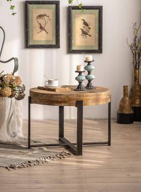 几小圆实木轻HD101233奢边几沙发边角美式民宿桌圆形谈桌简约做旧