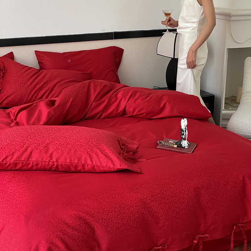 A类新10支长绒棉提0花庆四件套红色结婚陪嫁婚房纯NGE棉四款季床