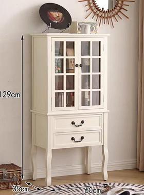 美式视全实木酒柜双玻柜璃展示欧式客厅复古装73160饰柜电门边柜