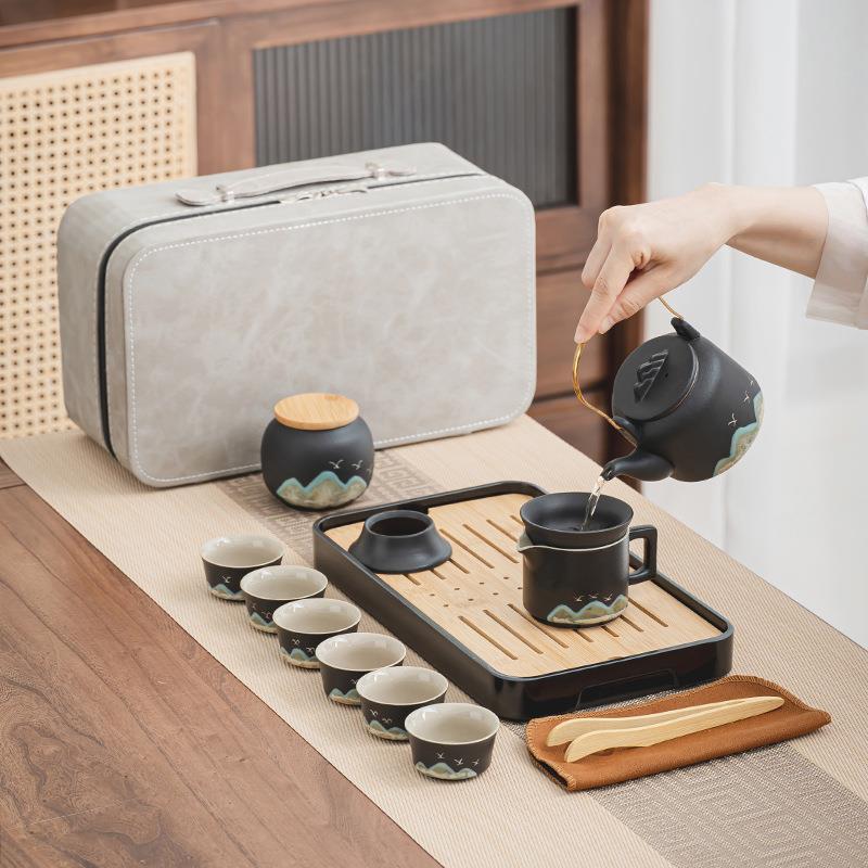 LUD便户携式粗陶防手茶夫具收纳包外青山功烫泡茶壶陶瓷套装印制l
