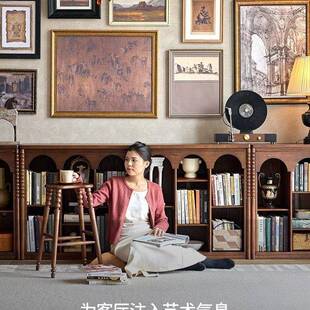 美式中风书架古柜胡桃色玄关电49129视柜组合一体酒书柜多层收的