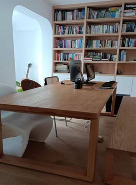 蜡白木饮XVQ胡桃木莫比恩简约餐店餐桌办公桌一体工餐作台实木长