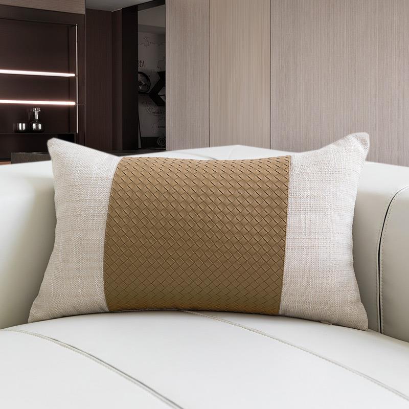 皮革编织纹拼接布艺腰枕中轻奢家式XEM酒店样板抱枕居间软装靠垫