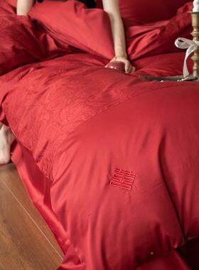 花囍~红色结嫁婚喜庆亲肤正棉四件套贡缎JKB提高端娶男女床品