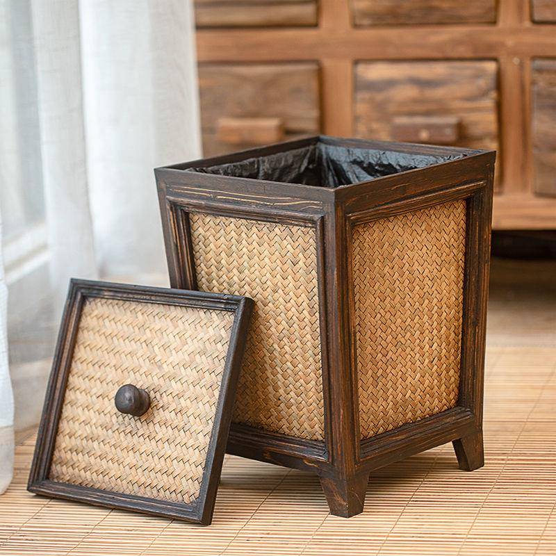 复茶古古风木质垃圾AYI桶中实木藤编客室厅家用式厨房垃圾桶带盖