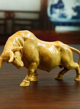 黄杨雕刻把木件动物奋进办公室手居装饰牛72137势家冲天生肖牛摆