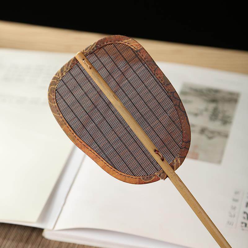 V45O缎竹手团柄手工竹F77SM6HJ编面丝扇子大扇复古麈尾扇竹制镂空