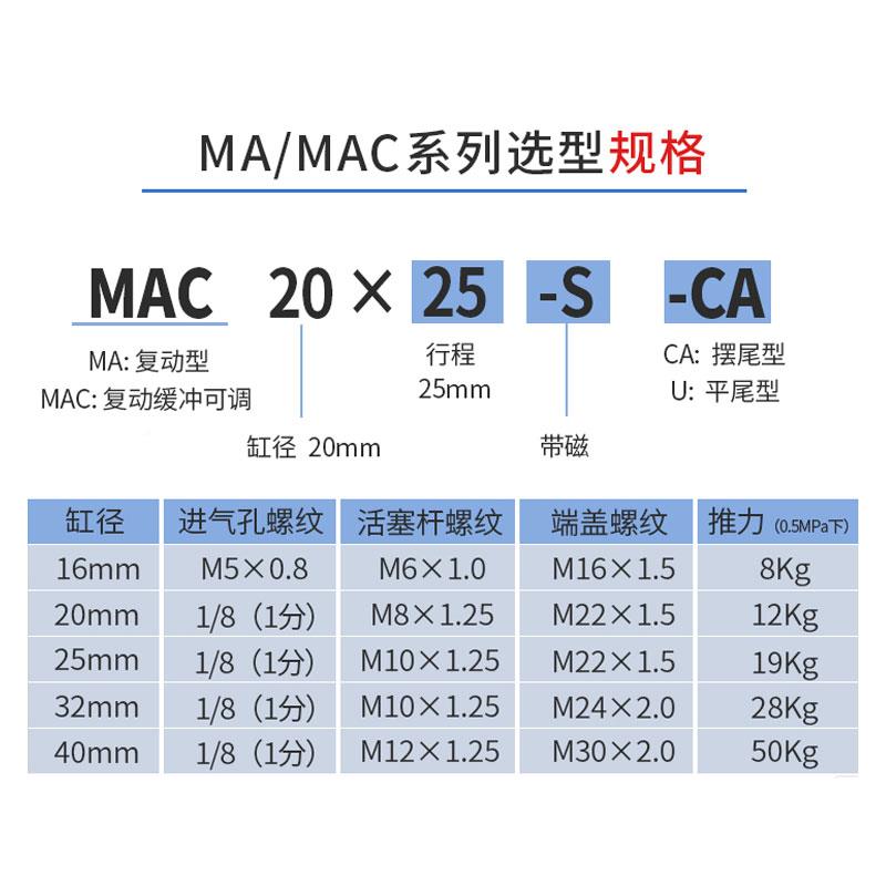 不锈5可调你行程小型迷气缸MAC16/20/25/32/4PCV0*2-300-S钢带气