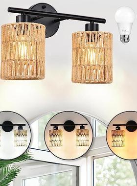 复古日式镜前灯竹编31797床头壁灯餐藤厅卧室农舍乡村室内灯圆形