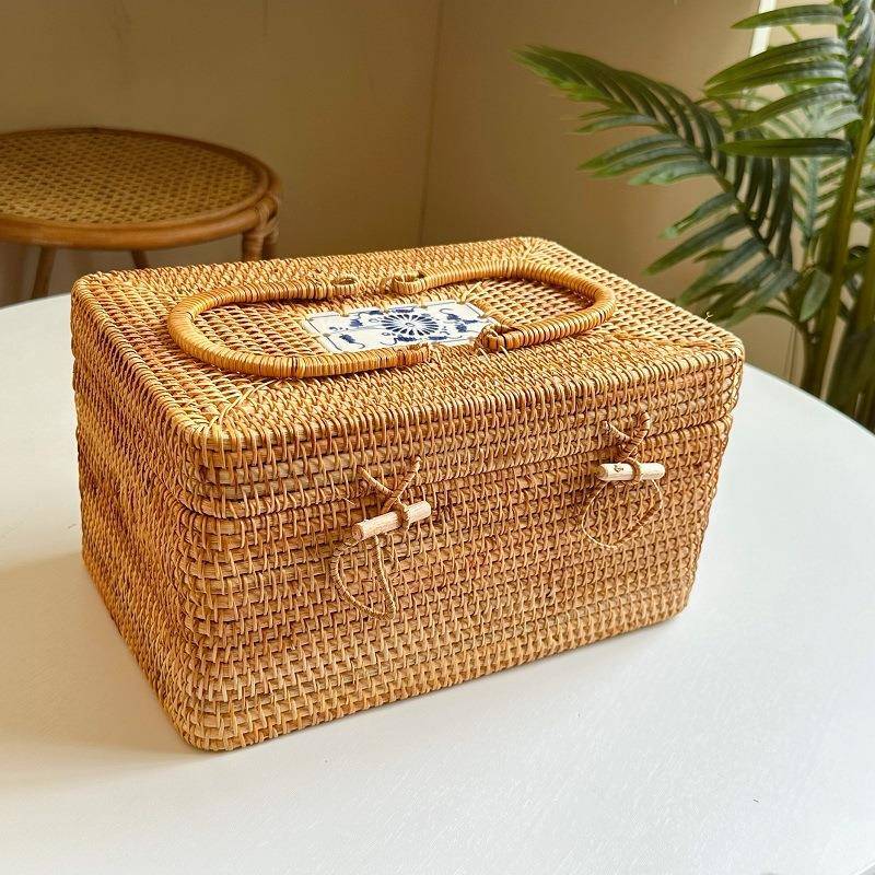 越南秋藤编织收纳箱茶道配件收纳箱长方形桌面物品收纳整理盒大
