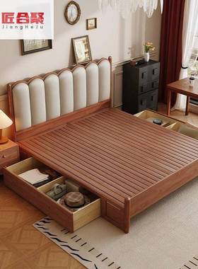 法式实木15461软包床简人约波浪床头1米.8奶油风双床1.5米卧公主