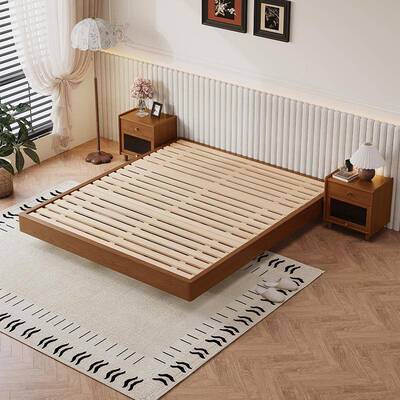 轻奢实木床16824白软蜡5木卧室双人床简约浮床1.米包床小悬户型齐边床