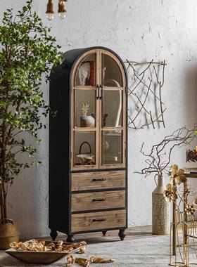 法乡式村风黑色做旧木色靠书柜TGI酒柜美式古边柜展示柜子墙餐复