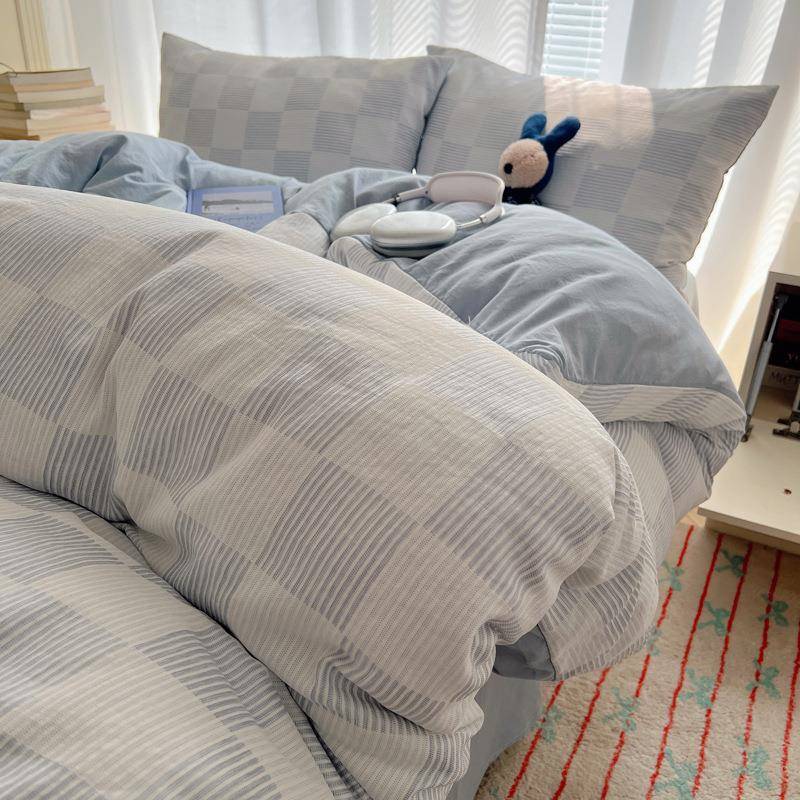 小清新被水洗棉四件套床罩床20240816舍款学生笠宿菱形格提花泡泡