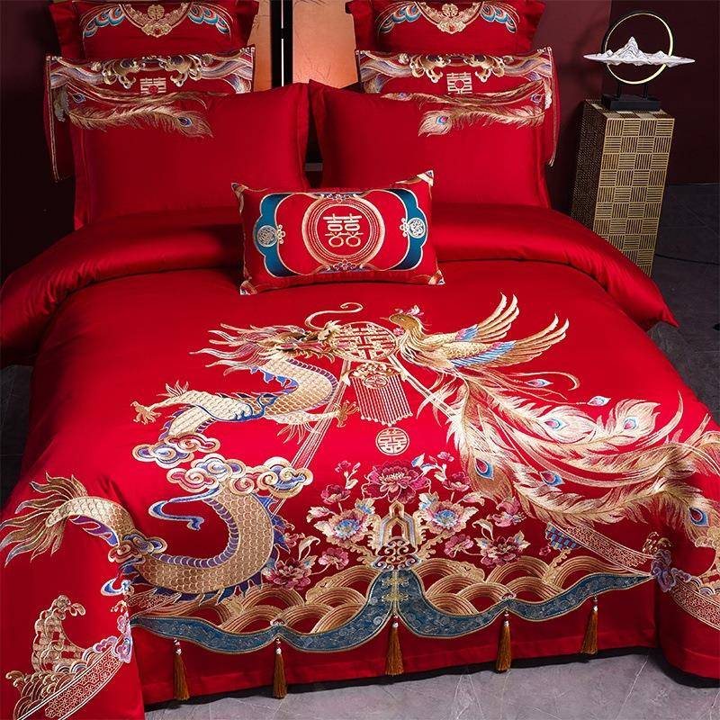 端款棉120S长绒高棉婚庆四套大红色全SIE纯棉刺绣件结婚新婚喜被