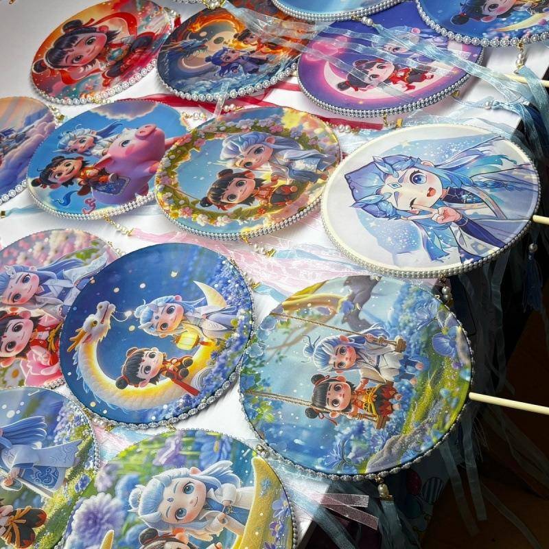 印花团扇古风长柄服舞蹈扇童闹海哪魔吒敖000652丙敖光扇中子国汉