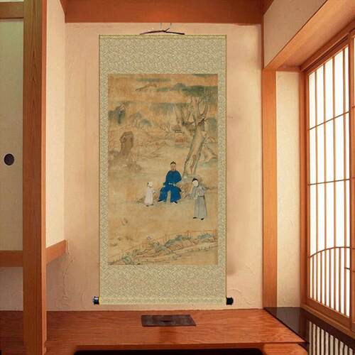 JY202204复古画祖孙行乐客图丝绸卷画轴古风挂画厅玄关走廊装饰画