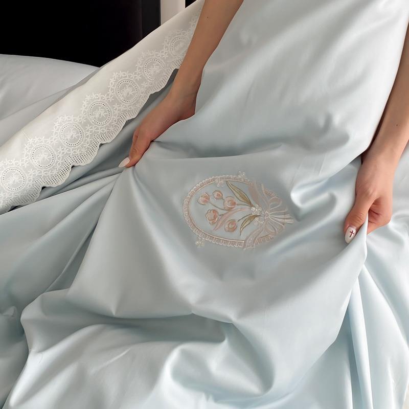 新款全棉10式0S绒棉法蕾丝纯棉四件套单高长端花边DVT刺绣床被套