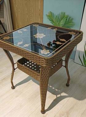 简约床阳13992小茶几户外钢化玻璃圆形桌子头储物桌藤编家台客用