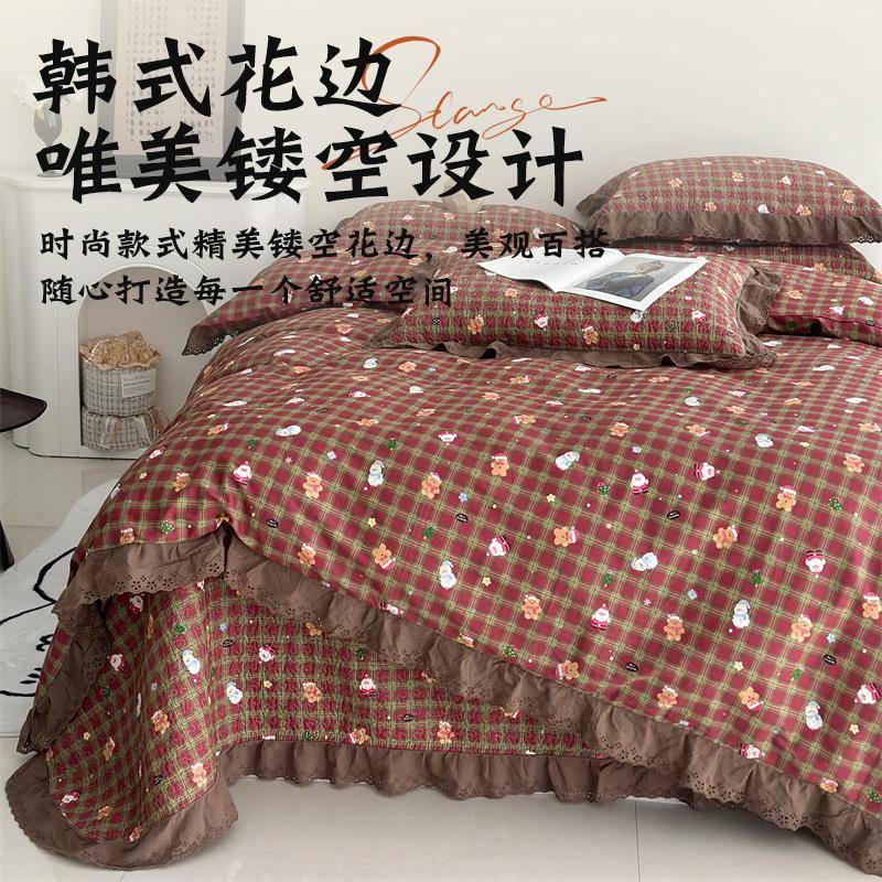韩版法TA202501棉公主式风全四件套床盖冬花边季纯棉被套夹棉床单