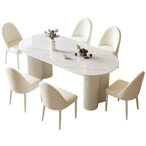 法式奶油风岩板餐桌家用小户型轻奢现代简约椭圆形白色餐桌椅组合
