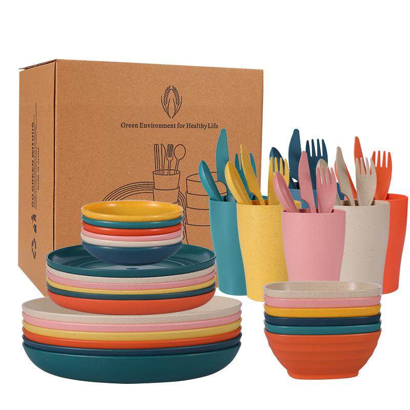 小麦秸秆餐具盘碗碟杯6人份家用学生刀叉勺筷户外餐具套装,餐饮具,餐具瓷器套装,淘宝优惠券,粉丝福利购,淘宝优惠卷