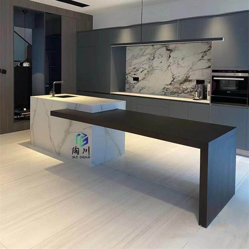 岩板岛台餐桌一体可伸缩小户型侘寂奶油风开放式厨房黑白哑光吧台