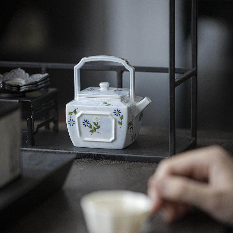 手绘小雏菊茶壶提梁壶带过滤泡茶壶功夫茶具陶瓷方形壶