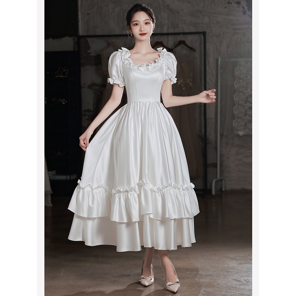 日本品质白色晚礼服复古缎面轻婚纱新娘礼服登记领证小白裙仙气宫