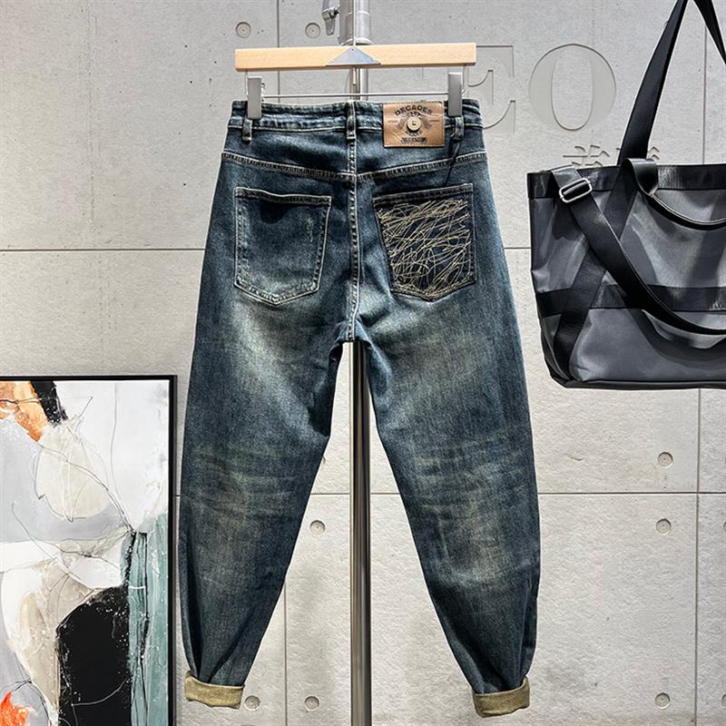美式复古牛仔裤男2025新款修身潮牌小脚裤休闲裤男士做旧款九分裤