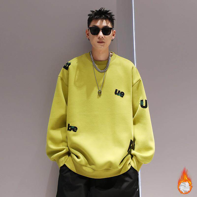 有术美式重磅刺绣圆领加绒卫衣男秋冬高级感宽松休闲加厚潮牌外套