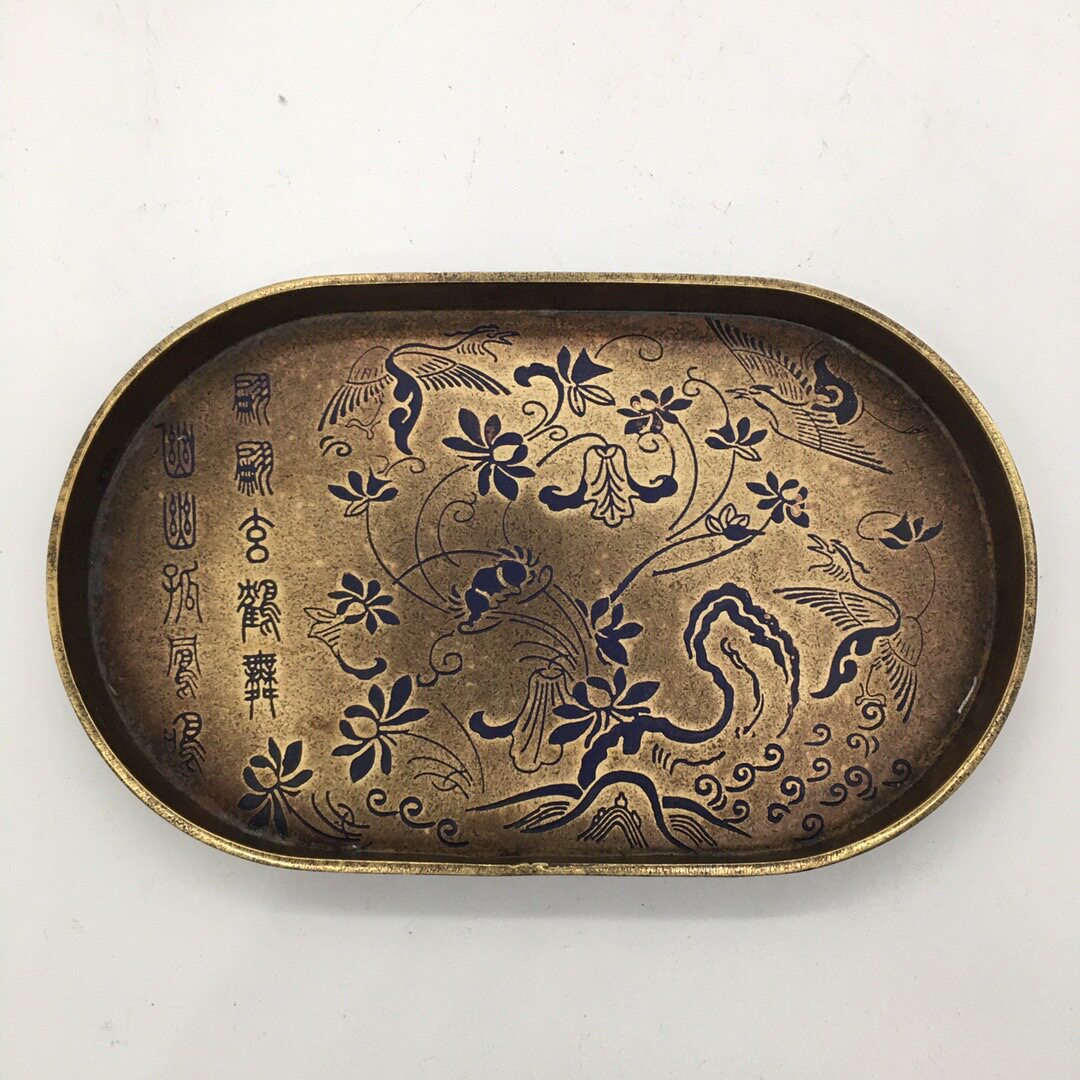 纯铜盘子纯手工漆绘仿古铜器茶盘托盘家居办公茶道装饰工艺品摆件