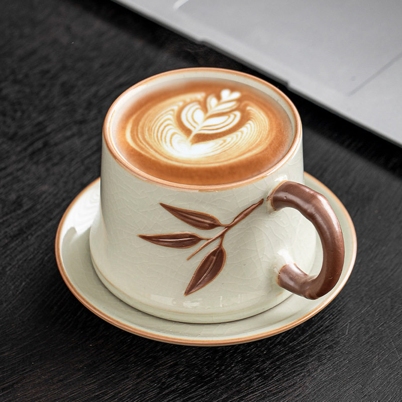 米黄汝窑竹节咖啡杯子高档精致陶瓷中式下午茶杯碟套装复古拿铁杯