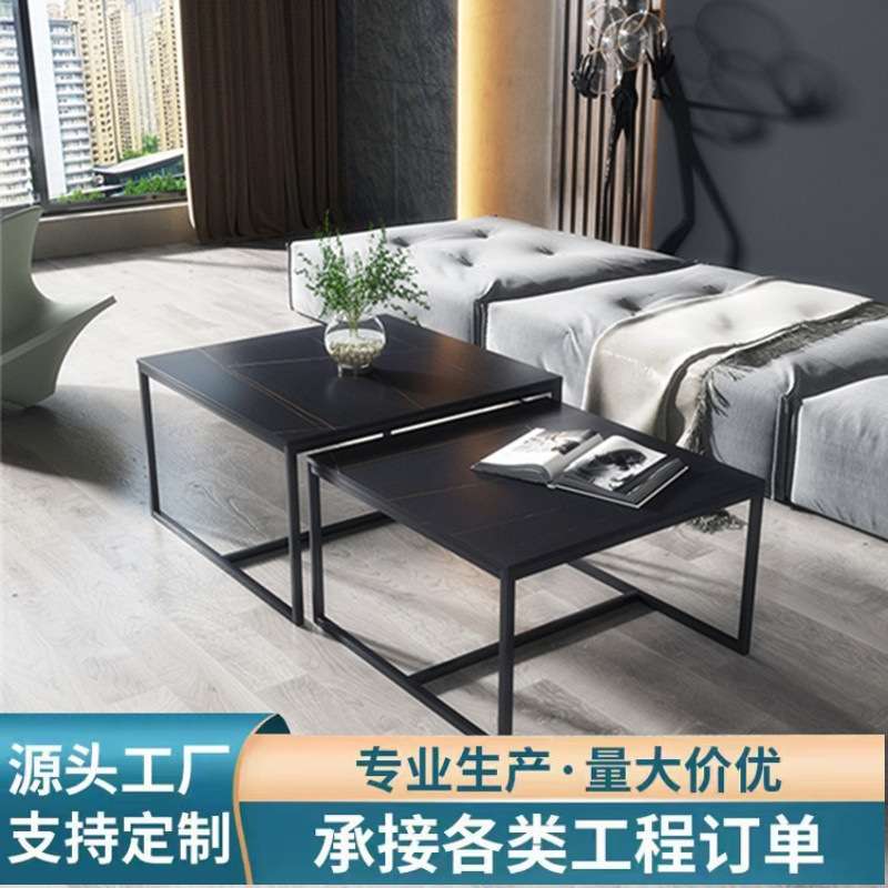 北欧轻奢岩板茶几正方形茶桌简约家用小户型收缩重叠省空间方几桌