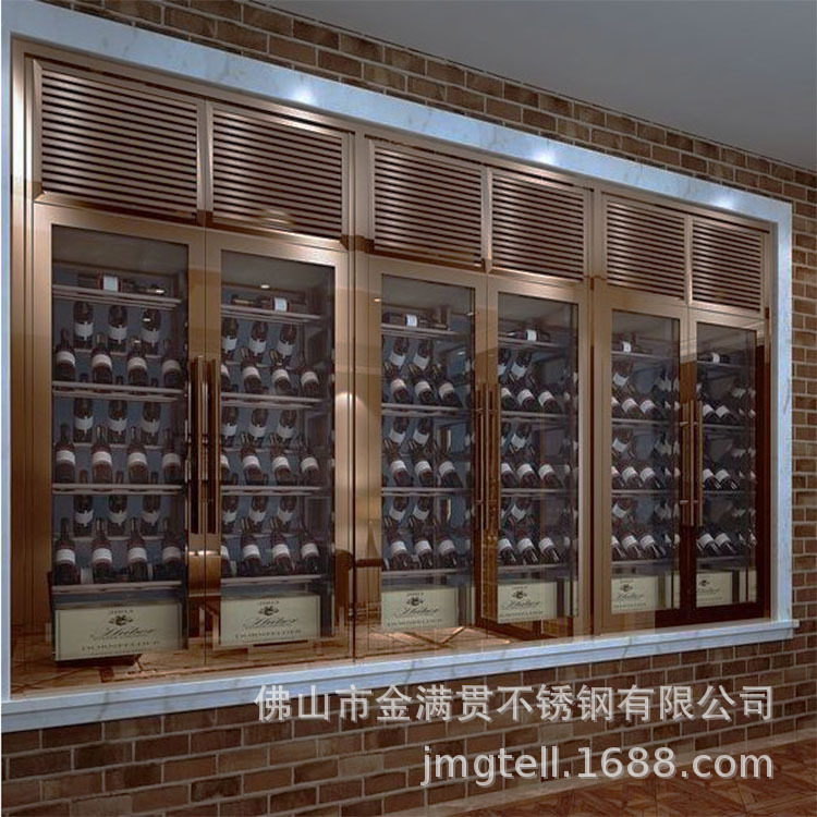 轻奢不锈钢恒温酒柜会所别墅订置钛金黑钛玫瑰金镜面红酒展示柜