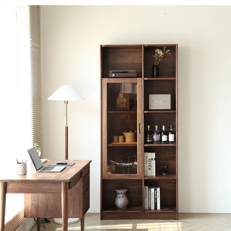 黑胡桃木实木书柜家用书架落地现代简约玻璃门置物带门樱桃木书柜