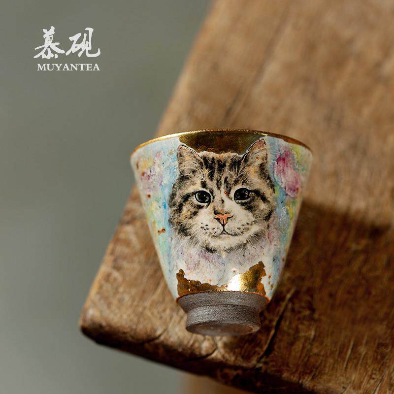 慕砚 日式猫咪手绘茶杯柴烧 禾泥志野主人杯创意手作粗陶品茗杯子