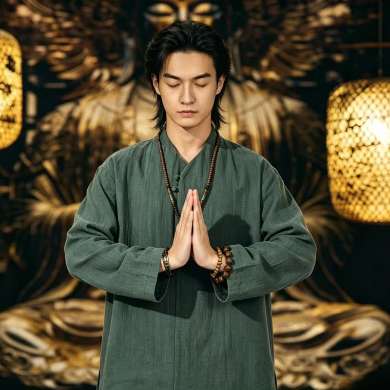 新中式唐装男中国风夏季薄款棉麻长袖t恤复古盘扣V领汉服大码衬衣