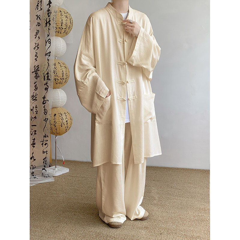 中国风夏季薄款纯棉衬衫新中式唐装汉服男士大码居士服宽松两件套