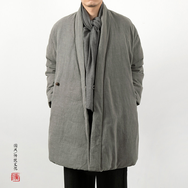 中国风男装斜襟改良汉服男 .青年宽松大码棉衣棉麻中长款保暖外套