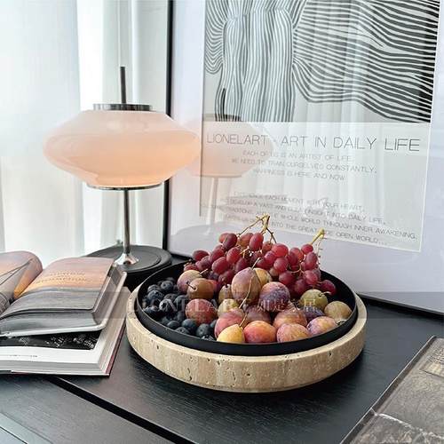 如是果盘天然米黄洞石底座客饭厅水果零食金属托 托盘私宅会所酒