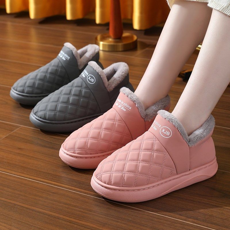 精选棉拖鞋女冬季男士厚底带后跟高包跟皮面防水防滑老人加绒室内