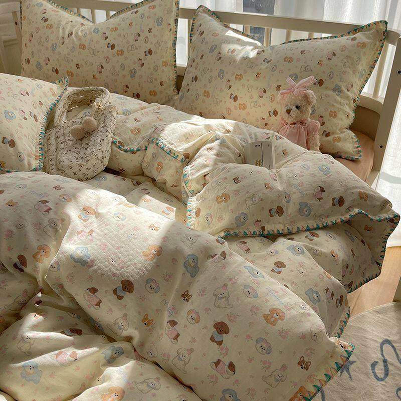 A类长绒棉60S全棉双层纱四件套宿舍三件式床组卡通100棉被套4件套