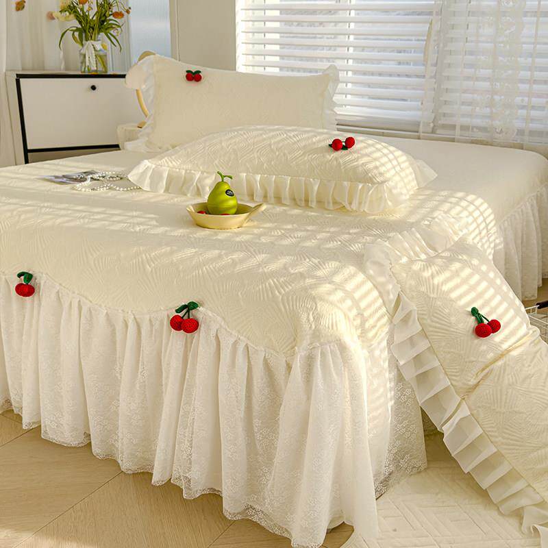 凉泡泡冰丝凉席蕾丝花边乙纶冰豆豆席床裙款夏季凉感软席三件套